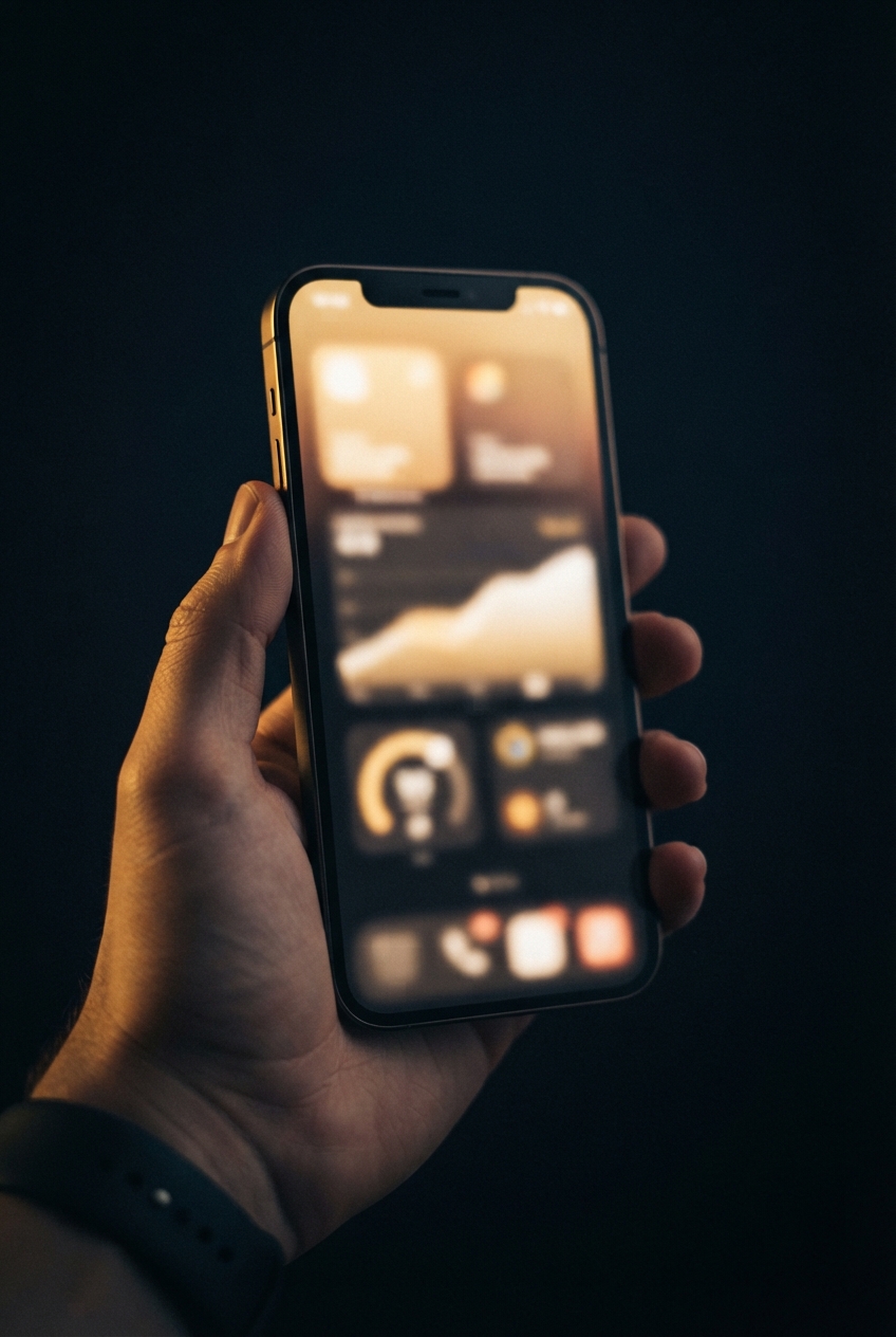 Hand holding a black smartphone with a heavily blurred, warm-toned app screen against a dark background.
