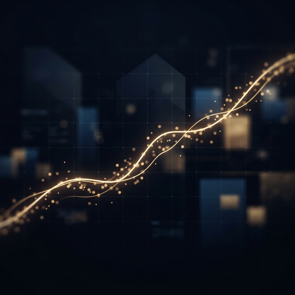 Glowing gold upward-trending lines and particles cross a dark blue gridded abstract data background.