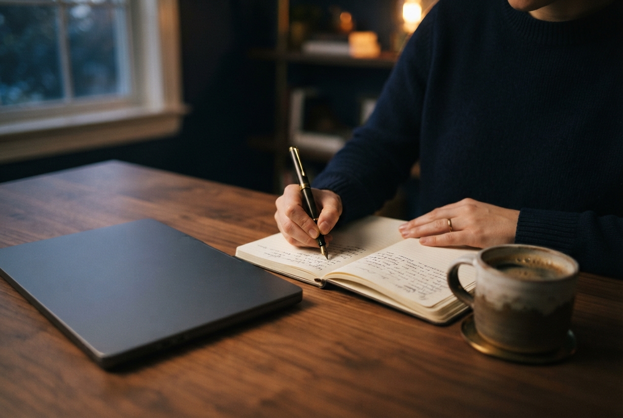 Person in a navy sweater writes in a notebook beside a closed laptop and coffee mug.