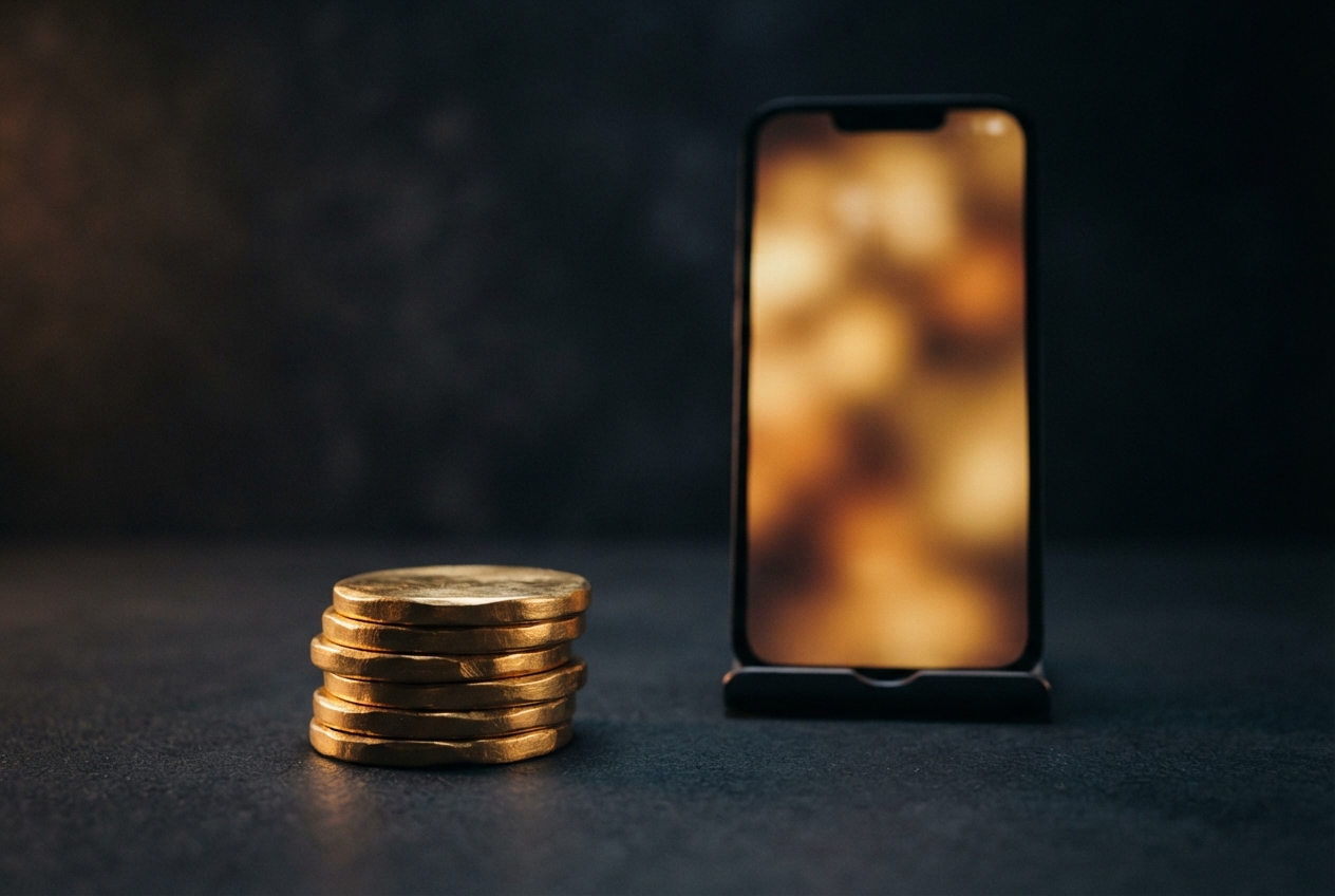Stack of gold-colored coins beside a vertically standing smartphone with a blurred warm-toned screen.