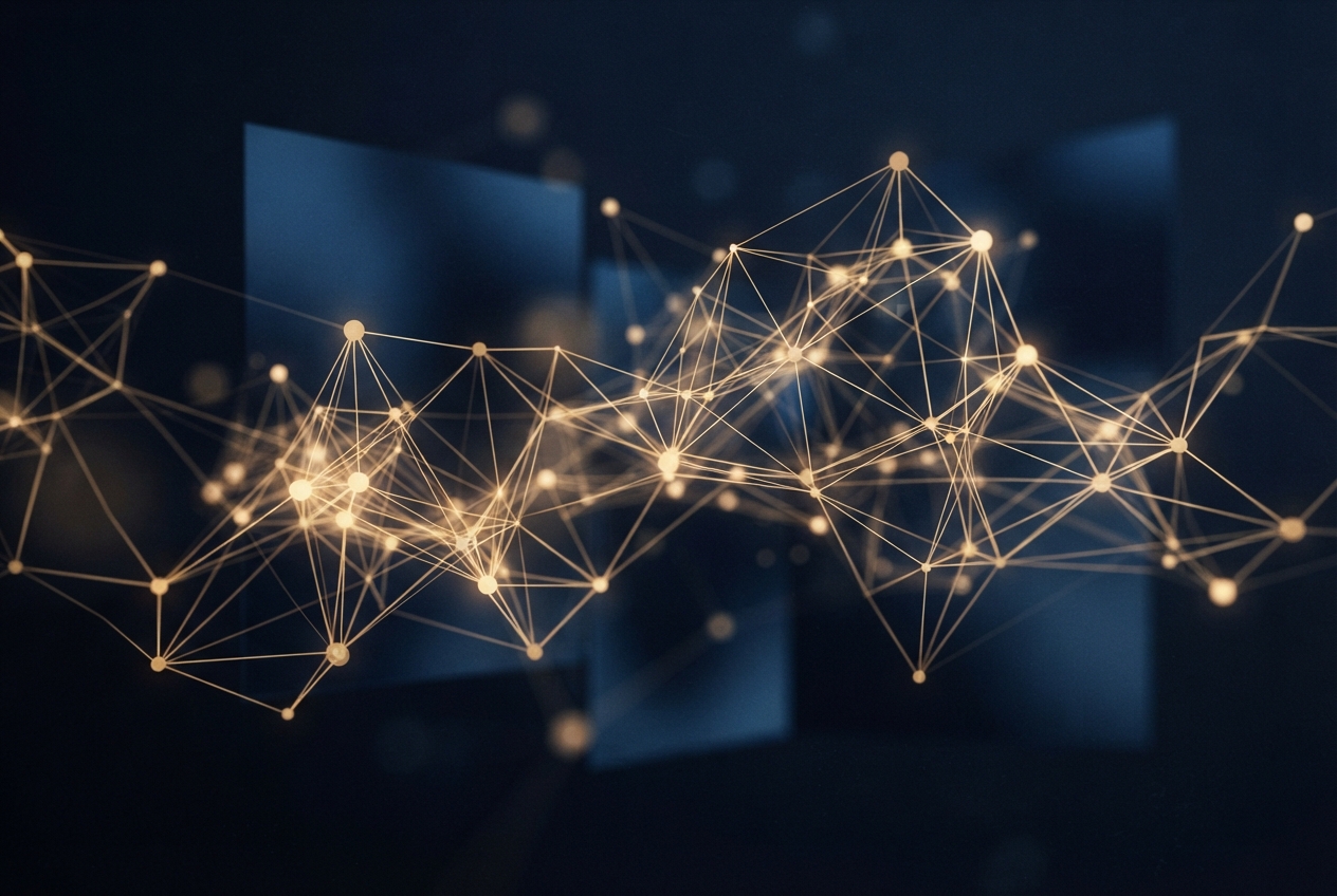 Glowing golden network of connected nodes and lines against a dark blue abstract background.