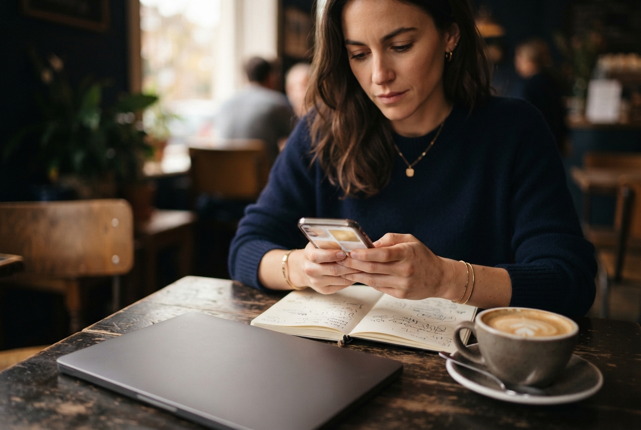 Woman using a smartphone at a café table beside an open notebook, closed laptop, and foamy coffee.
