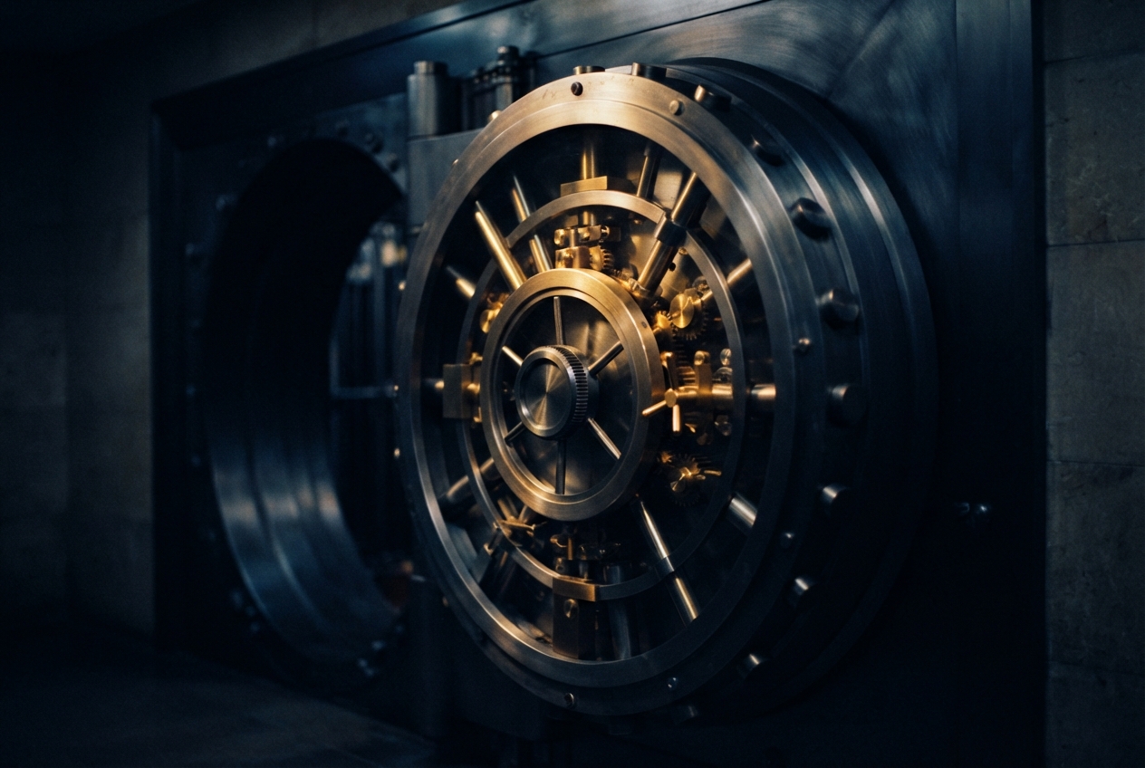 Open vault door with exposed concentric rings, gears, spokes, and a central locking hub in a dark room.