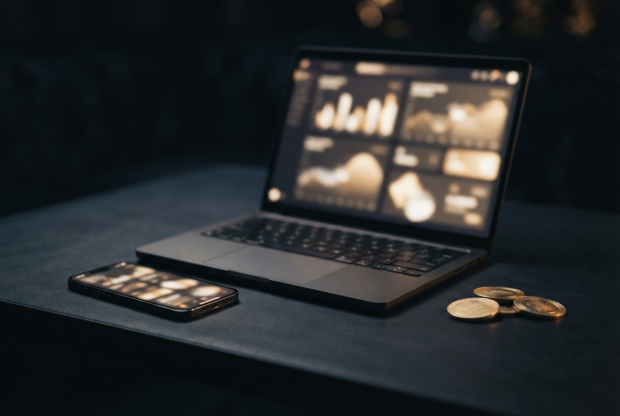 Open laptop with blurred dashboard charts, smartphone, and coins on a dark tabletop.