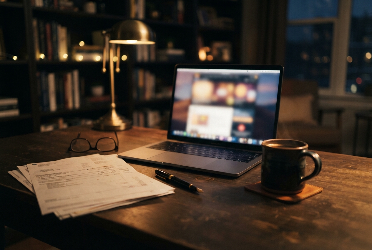 Warmly lit wooden desk with blurred laptop, paperwork, glasses, pen, coffee mug, lamp, bookshelves, and nighttime window.