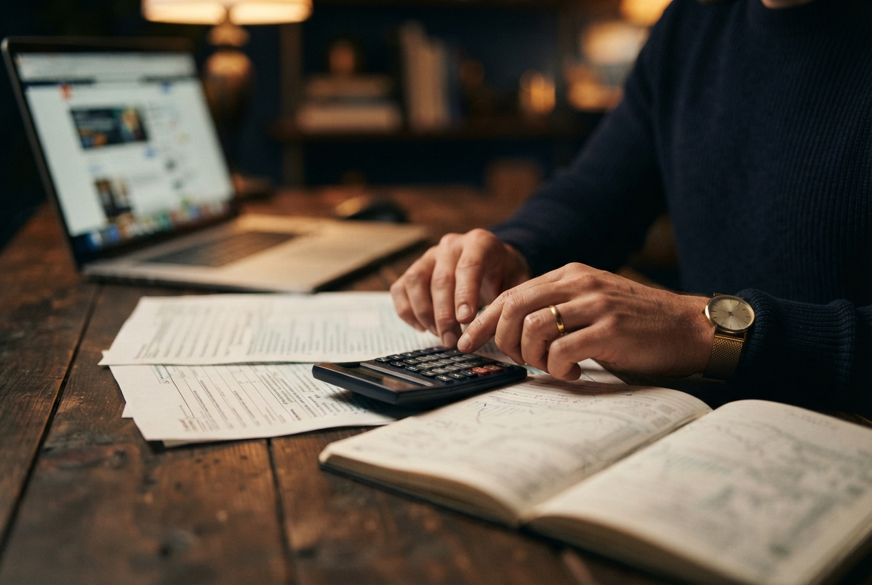 Person using a calculator beside financial papers, an open ledger, and a laptop on a wooden table.