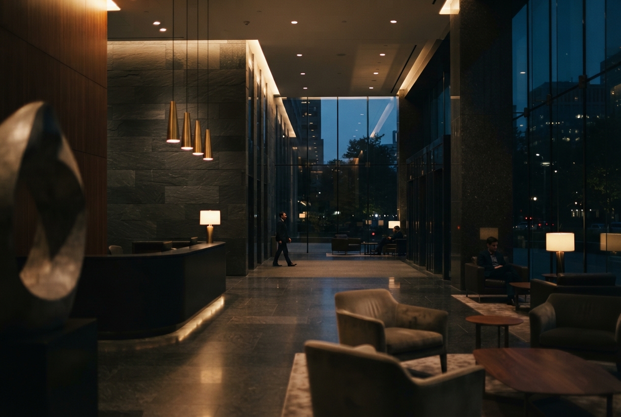 Dimly lit modern lobby with a reception desk, pendant lights, lounge seating, and floor-to-ceiling windows at dusk.